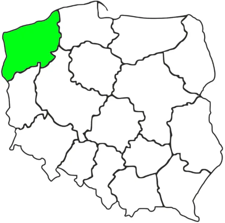 Mapa Polski z zaznaczonym na zielono województwem Zachodniopomorskim