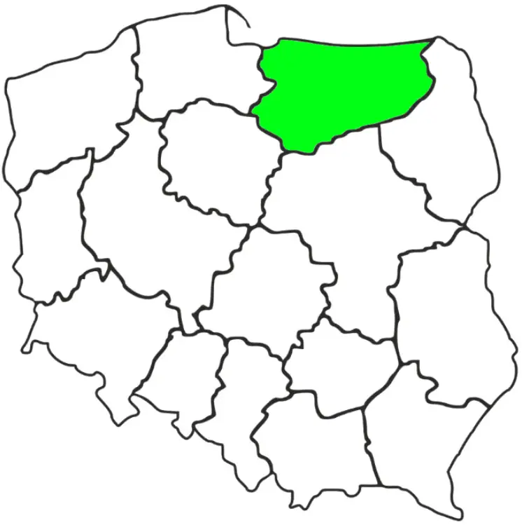 Mapa Polski z zaznaczonym na zielono województwem Warmińsko-Mazurskim