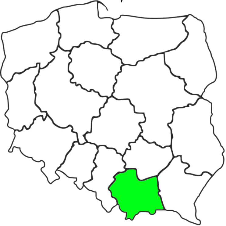 Mapa Polski z zaznaczonym na zielono województwem Małoplskie