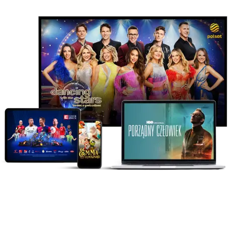 Telewizor, tablet i laptop wyświetlają filmy — na telewizorze Polsat, na pozostałych urządzeniach sportowe programy.