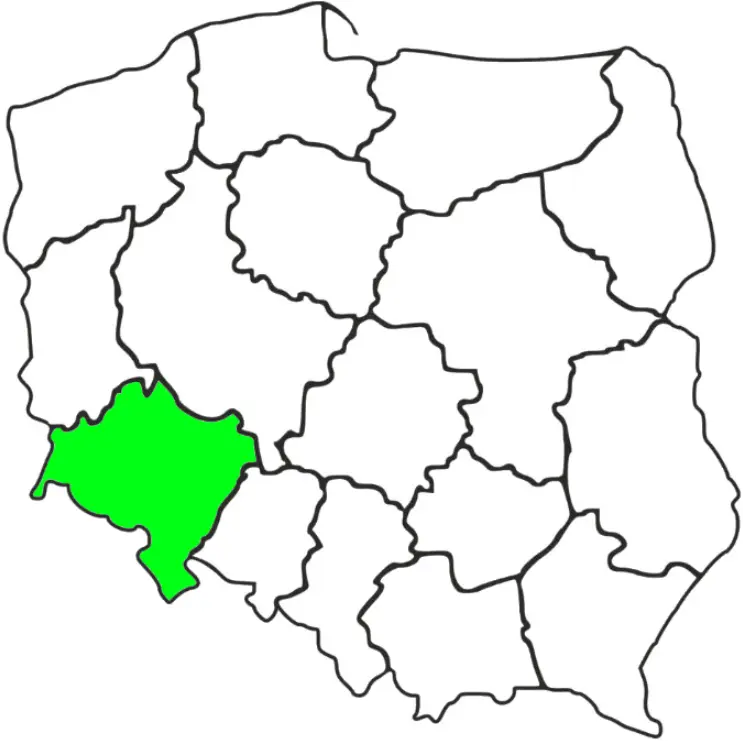 Mapa Polski z zaznaczonym na zielono województwem Dolnośląskim
