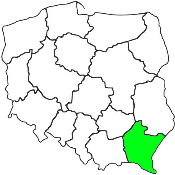 Mapa Polski z zaznaczonym na zielono województwem Podkarpackin