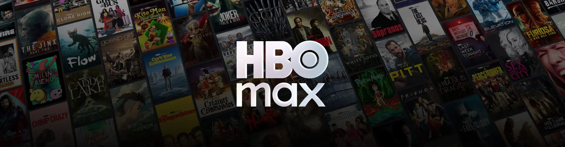 Logo HBO Max na tle filmów i seriali