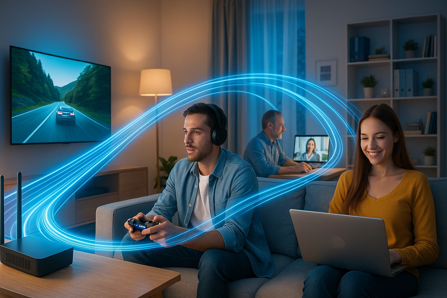 Rodzina w nowoczesnym domu korzysta z szybkiego Internetu światłowodowego Netia do pracy i rozrywki online.