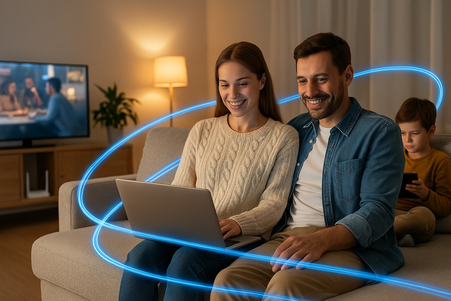 Rodzina w przytulnym salonie korzysta z szybkiego Internetu domowego Netia. Rodzice oglądają film na laptopie, dziecko gra na tablecie – wszystko dzięki niezawodnemu światłowodowi bez limitu danych.