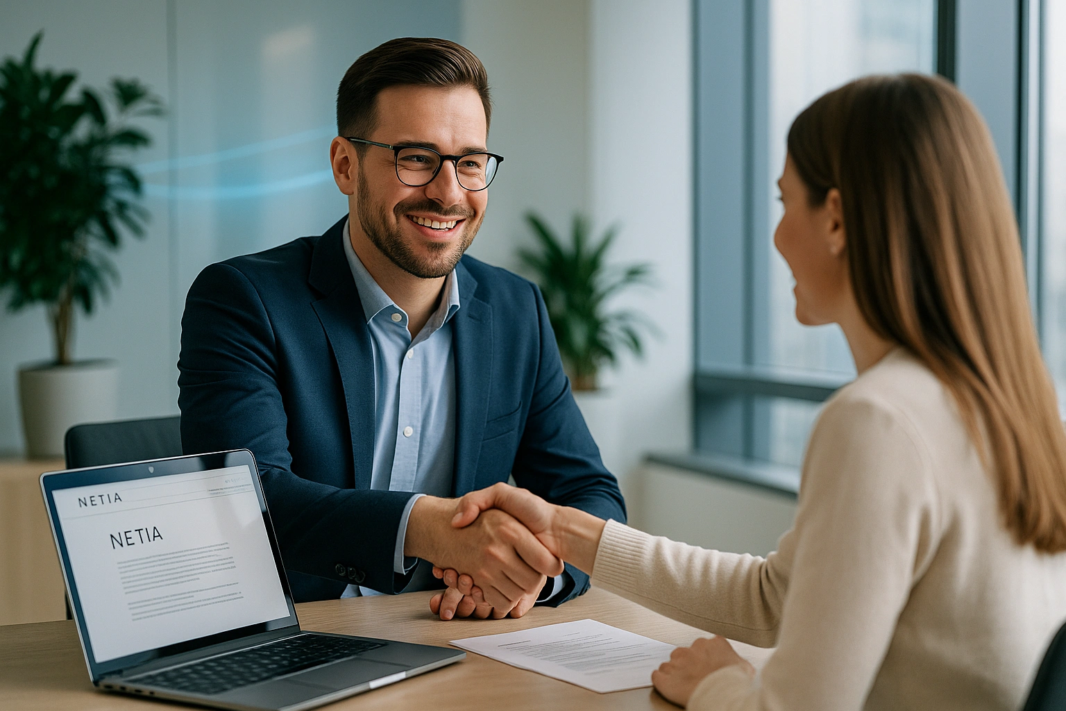 Doradca Netiamax podpisuje umowę Netia z klientką w nowoczesnym biurze.